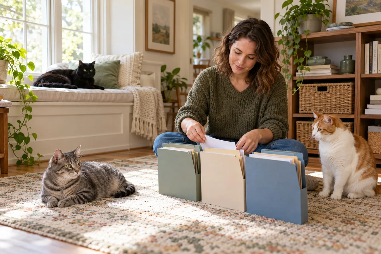 Owner organizing paper folders at home with three cats nearby